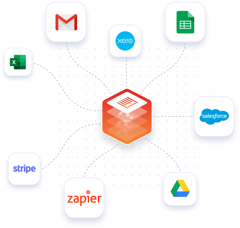 Connect Monstock многих программных приложений (Excel, Gmail, Xero, Google Sheets, Salesforce, Google Drive, Zapier, Stripe, и многие другие).